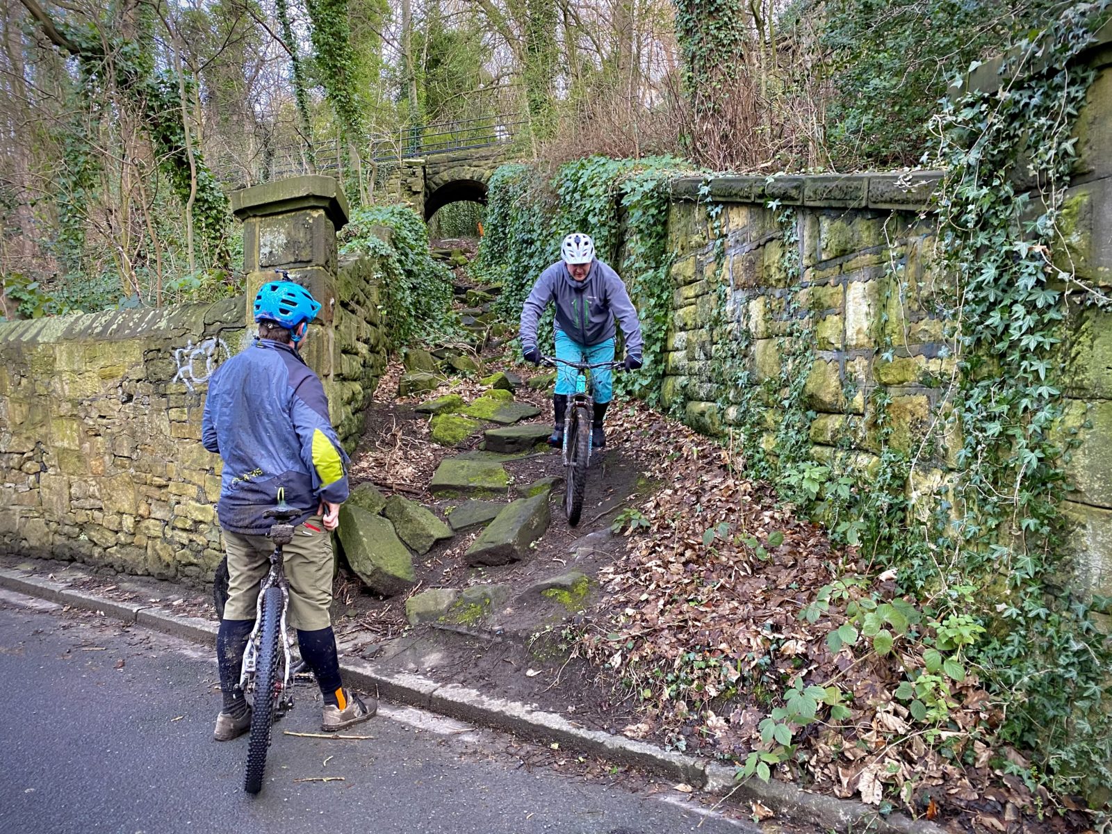 Two people riding mountain bikes through Jesmond Dene
